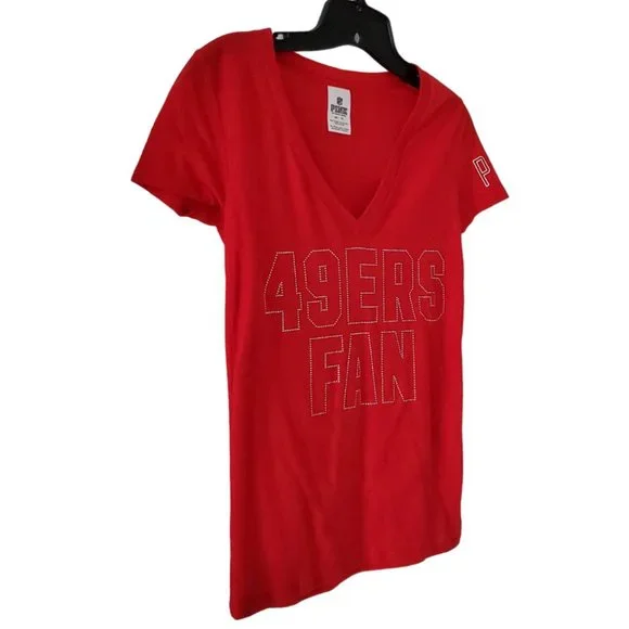 Victorias Secret Pink San Francisco 49ers Bling V-Neck T-Shirt | NWOT | XS | Red - Picture 4 of 10